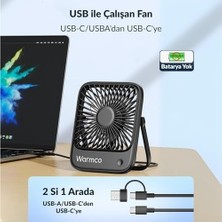 Warmco D1 Masaüstü Vantilatör USB ve Type-C Bağlantılı Taşınabilir Ultra Ince Soğutucu Fan Siyah 3 Kademeli Ayarlanabilir Katlanabilir Stand