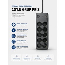 Termal Akım Korumalı USB Type-C Girişli 10'lu Grup Priz 2500W Güç Kapasitesi (Kopya)
