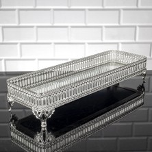 Fair Home Aynalı Tepsi Dekoratif Sunum Tepsisi Uzun Inci Desenli Metal Gümüş 30 x 14 cm
