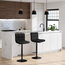 Frefly Store Yüksekliği Ayarlanabilir Kadife Bar Tabureleri, 2’li Set, Metal Siyah
