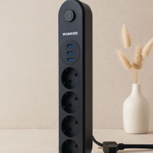 Termal Akım Korumalı Uzatma Kablo 4 Priz 3 USB Anahtarlı Siyah