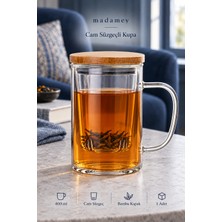 Madamev Borosilikat Cam Süzgeçli Bambu Kapaklı Bitki Çayı Demleme Kupası 400 ml Kulplu Çay ve Sunum Bardağı Çıkarılabilir Cam Filtreli Yaprak Çay Demleme Bardağı Ev Ofis Kullanımı İçin Şeffaf Cam Kupa