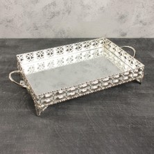 Fair Home Aynalı Tepsi Dekoratif Sunum Tepsisi Büyük Boy Badem Desenli Metal Gümüş 35 x 25 cm