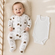 Süpermini Ayıcık Desenli Patikli Tulum ve Kolsuz Body 2’li Bebek Seti