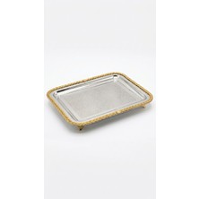 Gfsmore Gold Örgü Kenarlı Lazer Işlemeli Paslanmaz Metal Sunum Tepsi (41X31 Cm)