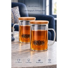 Madamev 2'li Borosilikat Cam Süzgeçli Bambu Kapaklı Bitki Çayı Demleme Kupası 400 ml Kulplu Çay Sunum Bardağı Çıkarılabilir Cam Filtreli Yaprak Çay Demleme Bardağı Ev Ofis Kullanımı Şeffaf Cam Kupa