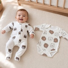 Nayinom Kahverengi Ayıcık Desenli Patikli Tulum ve Uzun Kollu Body 2’li Bebek Seti