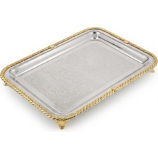 Gfsmore Büyük Boy Gold Örgü Kenarlı Lazer Işlemeli Paslanmaz Metal Sunum Tepsi (46X37 Cm)