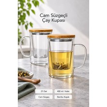 Tilbe Home 2'li Cam Süzgeçli Bambu Kapaklı Bitki Çayı Demleme Kupası 400 ml Kulplu Çay Sunum Bardağı Çıkarılabilir Cam Filtreli Yaprak Çay Demleme Bardağı Ev Ofis Kullanımı Şeffaf Borosilikat Cam Kupa
