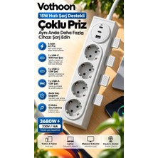 Epilons 4’lü Akıllı Priz Tek Dokunuşla Fiş Çıkarma 2 Metre Kablo 2 Type-C + USB 15W Hızlı Şarj 3680W Krem