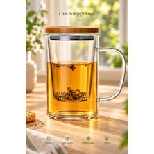 Tilbe Home Bitki Çayı Demleme Kupası Cam Süzgeçli Bambu Kapaklı Kulplu Bardak Bitki Çay Sunum Bardağı 400 ml