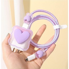 Prime 18W-20W Şarj Adaptörü ile ile Uyumlu Lila Rengarenk Kalpli Şarj Başlığı ve Şarj Kablo Koruyucu Set