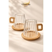 Chacha Home 2'li Borosilikat Cam Çay Fincanı Seti 300 ml Bambu Saplı ve Bambu Tabaklı