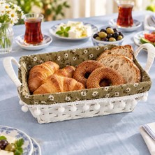 Hasır Dikdörtgen Ponponlu Yeşil Astarlı Ekmek Sepeti