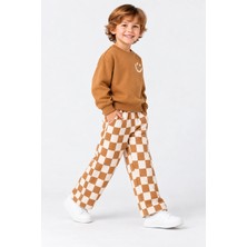 Rony Pony Kids Erkek Çocuk 3 Iplik Gülen Yüz Baskılı Sweatshirt ve Dama Desenli Bol Paça Eşofman Takımı Kahverengi Krem