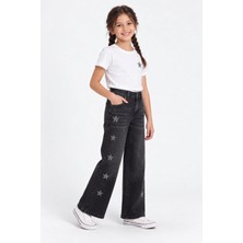 Rony Pony Kids Kız Çocuk Yıldız Nakışlı Füme Jean Pantolon – Bol Paça Yüksek Bel Kot
