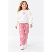 Rony Pony Kids Kız Çocuk Çiçek Baskılı Sweatshirt ve Bol Paça Eşofman Takımı – Pembe Beyaz