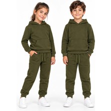 Rony Pony Kids Unisex Kız Erkek Çocuk Haki 3 Iplik Kapüşonlu Kanguru Cepli Eşofman Takımı