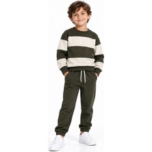 Rony Pony Kids Erkek Çocuk Haki Ekru Renk Bloklu 3 Iplik Sweatshirt ve Jogger Eşofman Takımı – 2 Parça