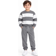 Rony Pony Kids Erkek Çocuk Gri Beyaz Renk Bloklu 3 Iplik Sweatshirt ve Jogger Eşofman Takımı – 2 Parça