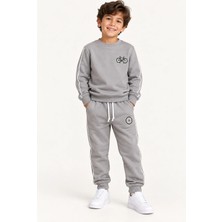 Rony Pony Kids Çocuk Gri Bisiklet Nakışlı Beyaz Biye Detaylı 3 Iplik Eşofman Takımı