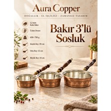 Aura Copper 3'lü Kalın Bakır Sosluk Seti 1,2 mm El Işlemeli Ahşap Saplı - Üzüm Desenli 10-12-14 cm SS-00004