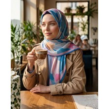 Moda Nuda Desenli Pamuk Soft Şal - Ilham Serisi Mavi Pembe Kenarlı