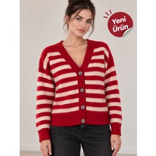 Bella Robe Yeni Sezon Kadın V Yaka Düğmeli Çizgili Yumuşak Dokulu Oversize Triko Hırka