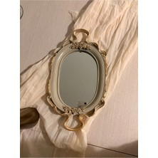 Hanlar Home Küçük Oval Aynalı Kulplu Dekoratif Tepsi – Vizon & Altın Varaklı (37X21 Cm)