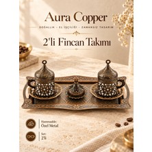 Aura Copper Osmanlı Motifli Türk Kahvesi Fincan Takımı Kapaklı Tepsili Özel Metal Sunum Seti Ac-Ft-002/2'li Eskitme