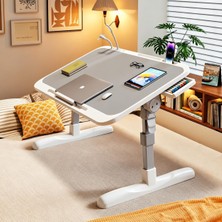 Happy Trend Yükseklik ve Açı Ayarlı Katlanabilir Laptop Masası, 60X40 cm Dizüstü Bilgisayar Sehpası, 3 Port USB Hub, USB Fan, LED Aydınlatma, Çekmeceli Gri
