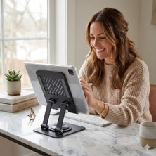 Happy Trend 360 Derece Sonsuz Pozisyonda Dönebilen Katlanabilir Metal Alaşımlı Yükseklik ve Açı Ayarlı Kaydırmaz Tablet Standı (Siyah Tablet Standı 181)
