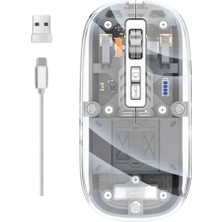 Emt Pazarlama® Mouse Fare Kablosuz Mouse Fare Şarjlı Bluetooth Sessiz 5 Tuşlu Şeffaf