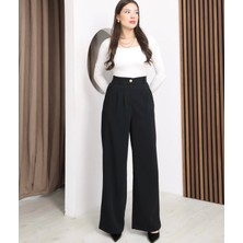 Moda Banuş Gold Düğmeli Salaş Palazzo Dökümlü Siyah Pantolon
