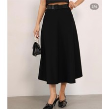 Moda Banuş Siyah Kloş Ara Boy Midi Kemerli Scuba Etek