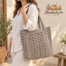 Handmade Akile Kağıt Ip El Örgüsü Plaj ve Omuz Çantası – Ajurlu 40 × 35 cm – Taş