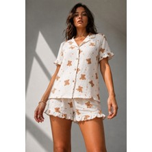 Night Kar Beyaz Kadın Süprem Gömlek Şort Düğme Pijama Takımı