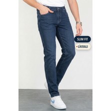 Hlt Jeans Erkek Koyu Mavi Taşlamalı Slim Fit Likralı Jean Kot Pantolon KEVEN
