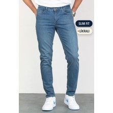 Hlt Jeans Erkek Mavi Taşlamalı Slim Fit Likralı Jean Kot Pantolon STEVE