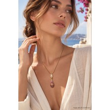 Solare Accessories Doğal Rodonit ve Inci Taşlı Çelik Zincir Kadın Kolye Gold Damla Uçlu