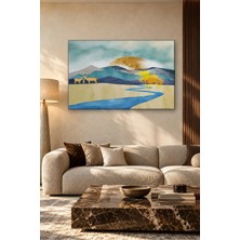 Fida Altın Güneş ve Mavi Nehir Kıyısında Geyik Ailesi Canvas Tablo