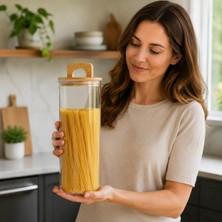 Str Store Bambu Kapaklı Yuvarlak Borosilikat Cam Kavanoz 1500 Ml, 10 × 25 Cm, Contalı Kulplu Şeffaf Spagetti Makarna ve Kuru Gıda Saklama Kabı