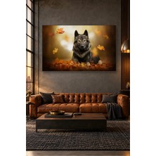 Fida Uçuşan Yapraklar Arasında Gri Kurt Köpeği Canvas Tablo