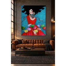 Fida Kırmızı Elbiseli Kadın ve Renkli Karahindibalar Canvas Tablo