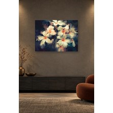 Fida Lacivert Zeminde Fırça Darbeli Beyaz Çiçekler Canvas Tablo