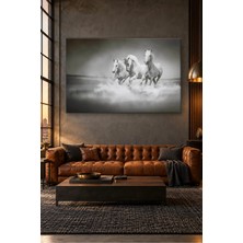 Fida Siyah Beyaz Suda Koşan Üç Beyaz At Canvas Tablo