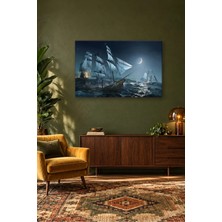 Fida Ay Işığında Fırtınalı Denizde Korsan Gemileri Canvas Tablo