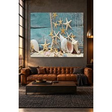 Fida Turkuaz Tahta Üzerinde Deniz Yıldızları ve Kabuklar Canvas Tablo