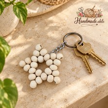 Handmade Akile 10'li Ahşap Boncuklu Yıldız Anahtarlık – Dekoratif Anahtar Aksesuarı – Doğal Ton