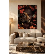 Fida Çiçekler Arasında Kadın Yüzü ve Leopar Canvas Tablo